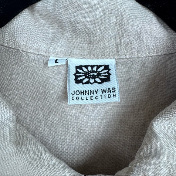 Johnny Was Linen Button Down Camp Shirt With Rayon Trim - Picture 5 of 9